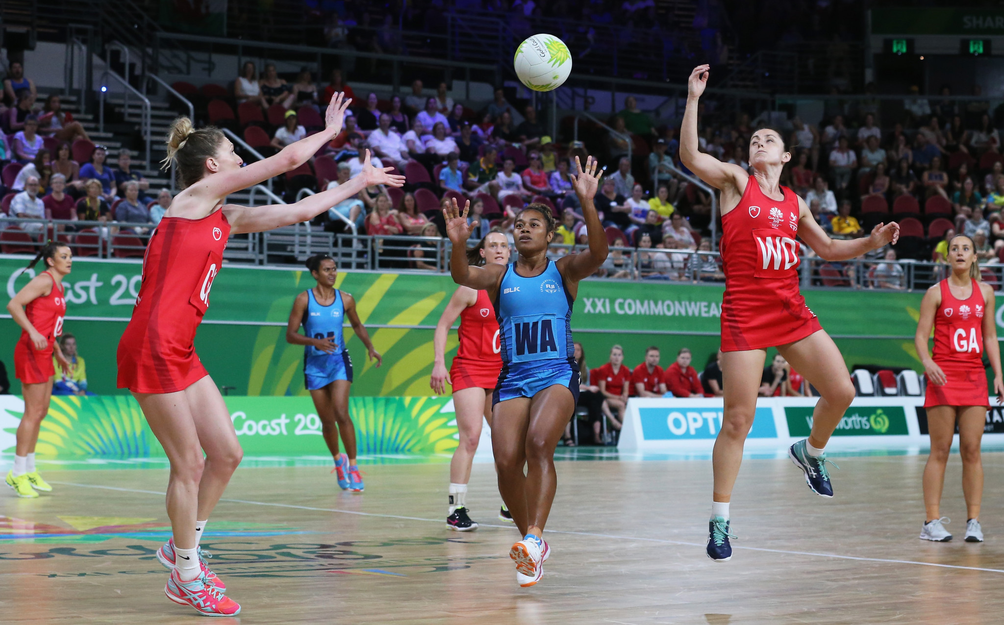 Fiji, pictured in blue at this month's Commonwealth Games, made a winning start to their Oceania Qualifier in Auckland for next year's Netball World Cup ©Getty Images