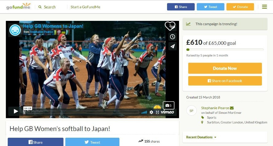 Britain's women's softball team have launched a crowdfunding campaign to try to help them qualify for the 2020 Olympic Games in Tokyo but they still have a long way to go ©Go Fund Me