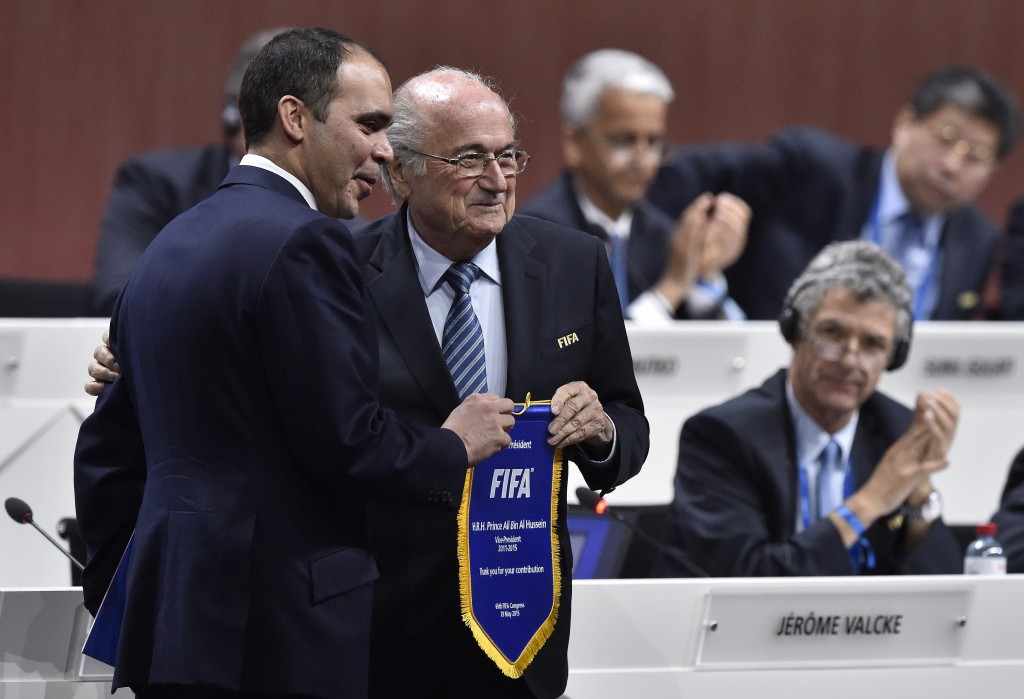 Prince Ali (left) was well beaten by Sepp Blatter during the FIFA Congress in Zurich in May ©AFP/Getty Images