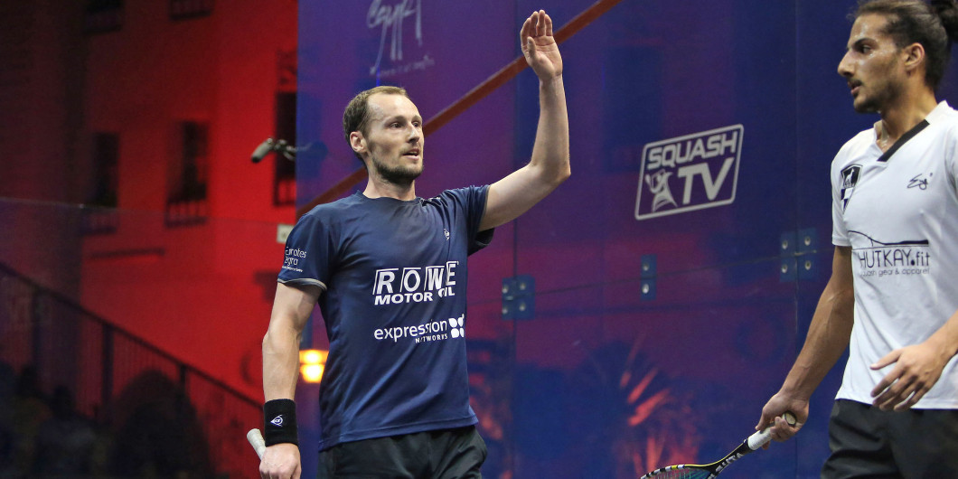 Defending champion Gregory Gaulthier salutes his first round win at the El Gouna International iin Egypt ©PSA