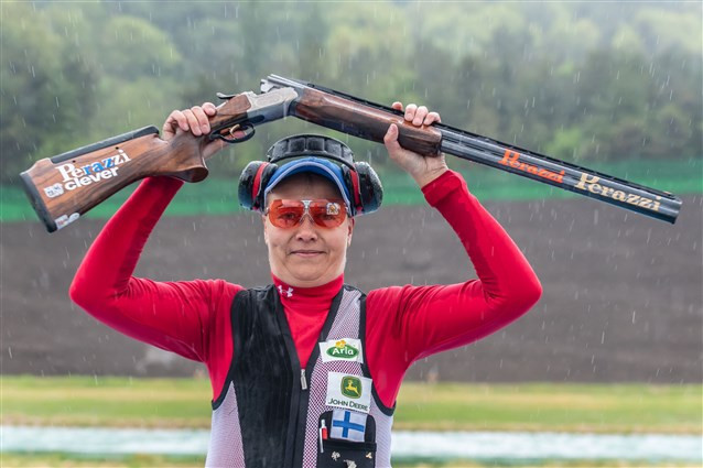 Finland's Satu Makela-Nummela celebrates her first ISSF World Cup victory since 2016 after winning the women's trap in Changwon ©ISSF
