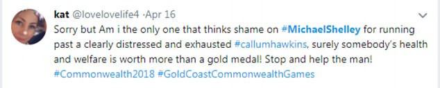 Michael Shelley has been heavily critcised on social media for failing to stop to help Callum Hawkins during the Commonwealth Games marathon after the Scot collapsed ©Twitter