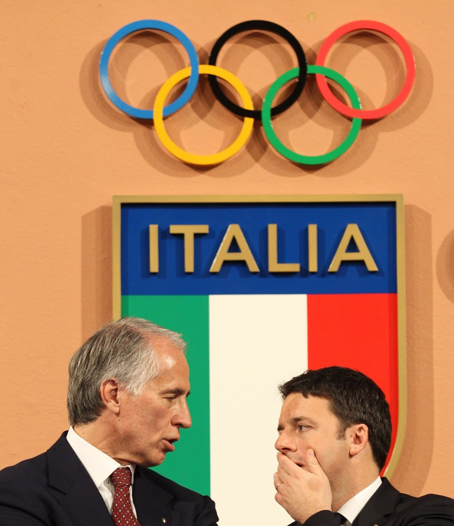 CONI President Giovanni Malago, left, and Italian Prime Minister Matteo Renzi announced Rome's 2024 bid in December ©Getty Images 