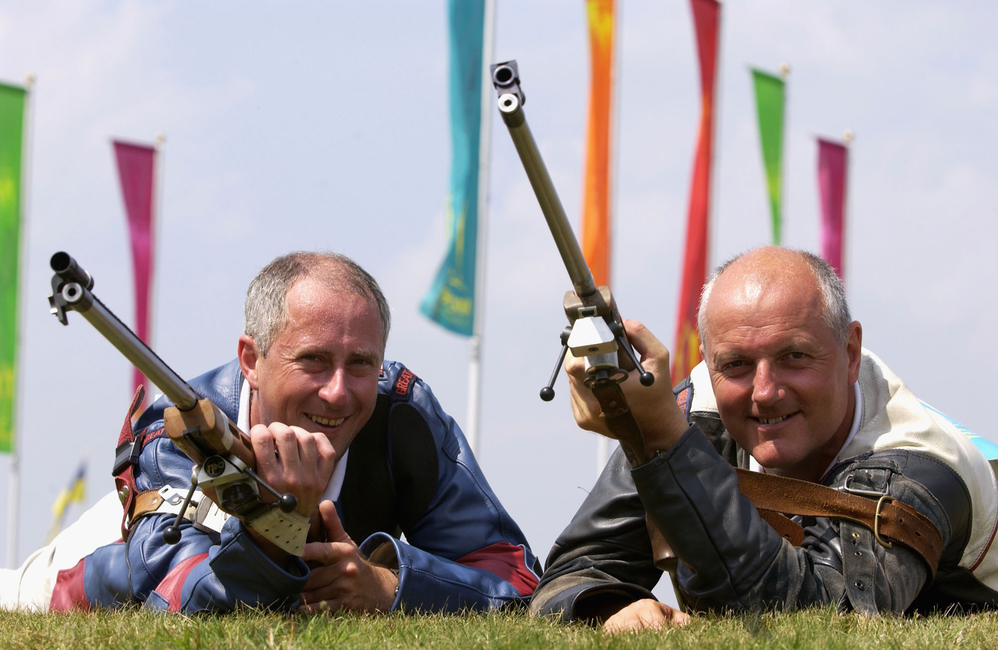 Bisley hosted shooting when Manchester staged the 2002 Commonwealth Games, when Northern Ireland's David Calvert, right, and partner Martin Millar, left, won the gold medal in the open full bore rifle pairs ©Getty Images