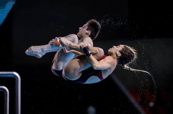 Nathan Zsombor-Murray and Meaghan Benfeito earned gold for Canada in the mixed 10m synchro event at the FINA Diving World Series event at Montreal's Olympic pool ©Getty Images  