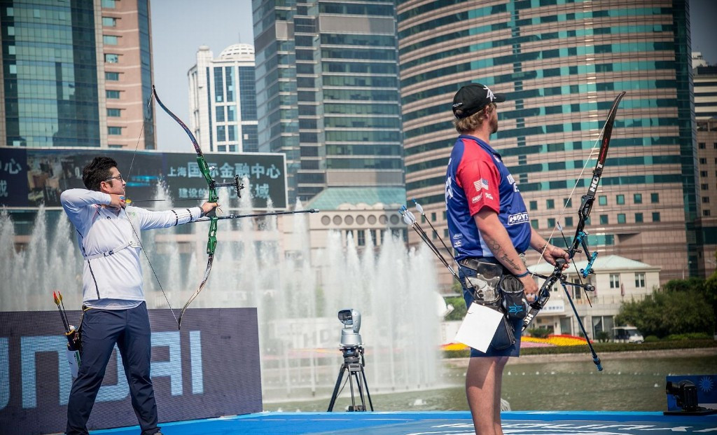 South Korea's Kim Woojin, left, earned his third gold of the Archery World Cup in Shanghai by defeating Brady Ellison of the United States in the individual final ©World Archery