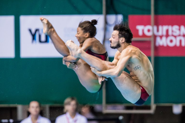 Jennifer Abel and Francois Imbeau-Dulac gave home fans something to cheer about when they won the 3m synchro at the Diving World Series in Montreal ©Antoine Saito/Diving Canada
