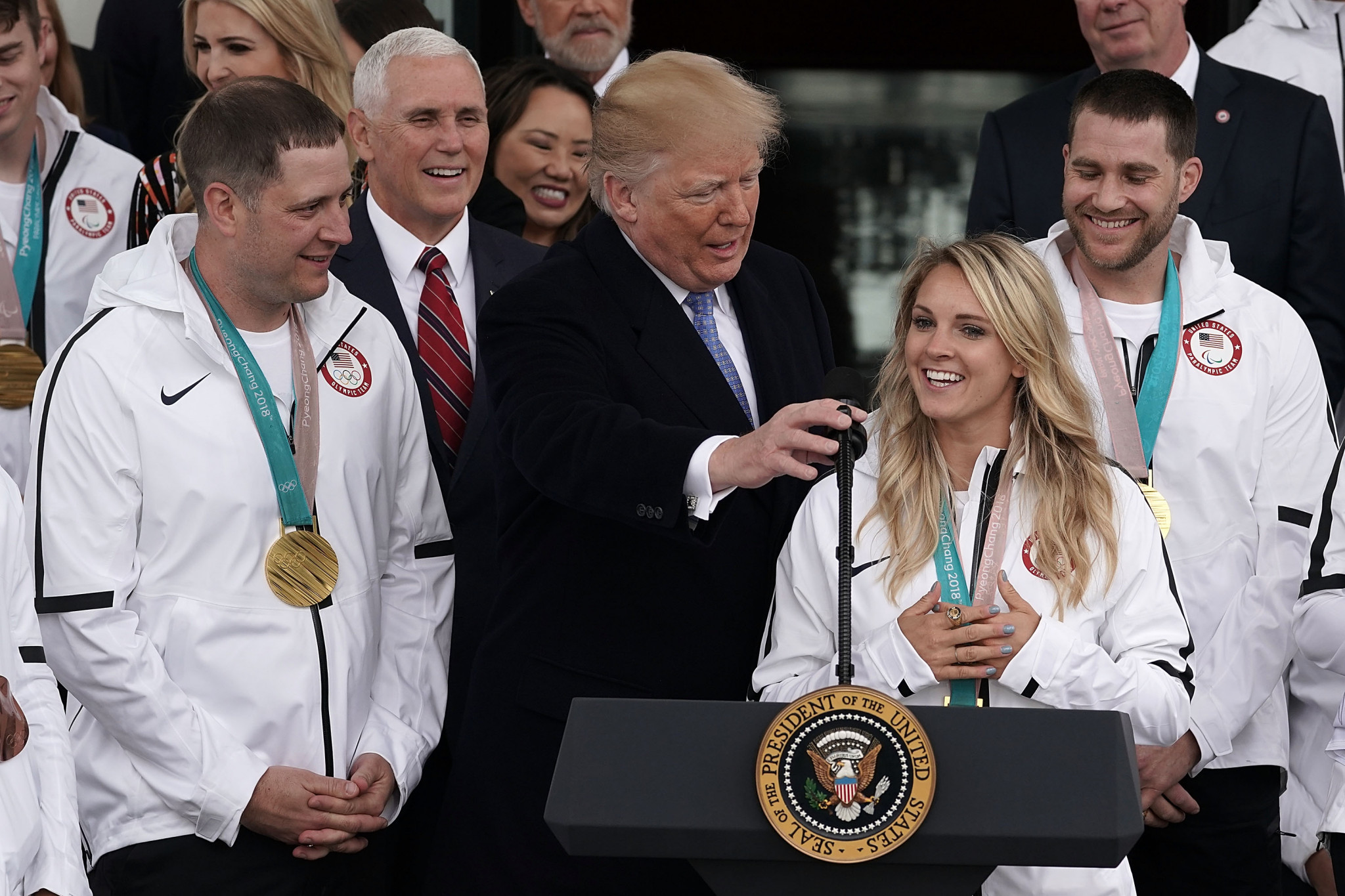 American President Donald Trump, pictured with members of the United States Pyeongchang 2018 teams at the White House, was among many to claim credit for the breakthrough in relations between North and South Korea ©Getty Images