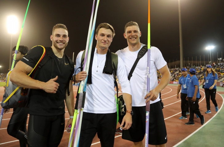World champion Johannes Vetter, left, Olympic champion and winner on the night Thomas Röhler, centre, and their German colleague Andreas Hoffman - the first three men to throw over 90m in the same javelin competition ©Getty Images  