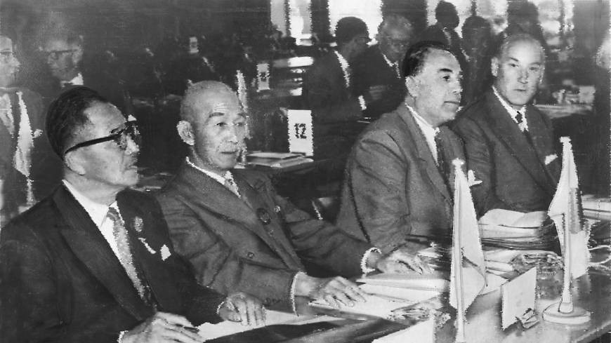 Japan's International Olympic Committee member Dr Ryotaro Azuma, left, with Tokyo Governor Seiichiro Yasui at the IOC Session in the Japanese capital in 1958 ©Olympic Review