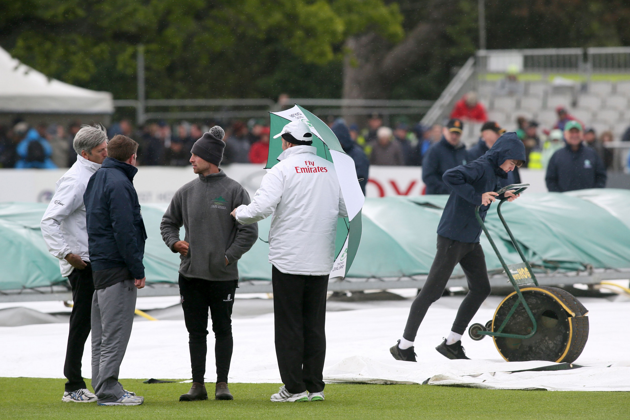 Persistent rain and strong winds were present throughout the day at Malahide Cricket Club near Dublin ©Getty Images