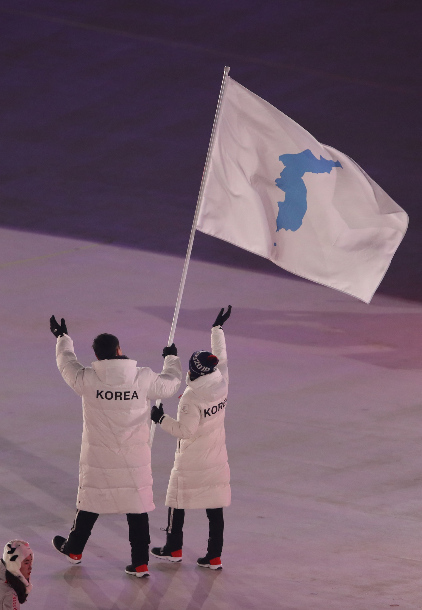 The unified Korea flag is flown at the Pyeongchang 2018 Winter Olympics in the South in February ©Getty Images