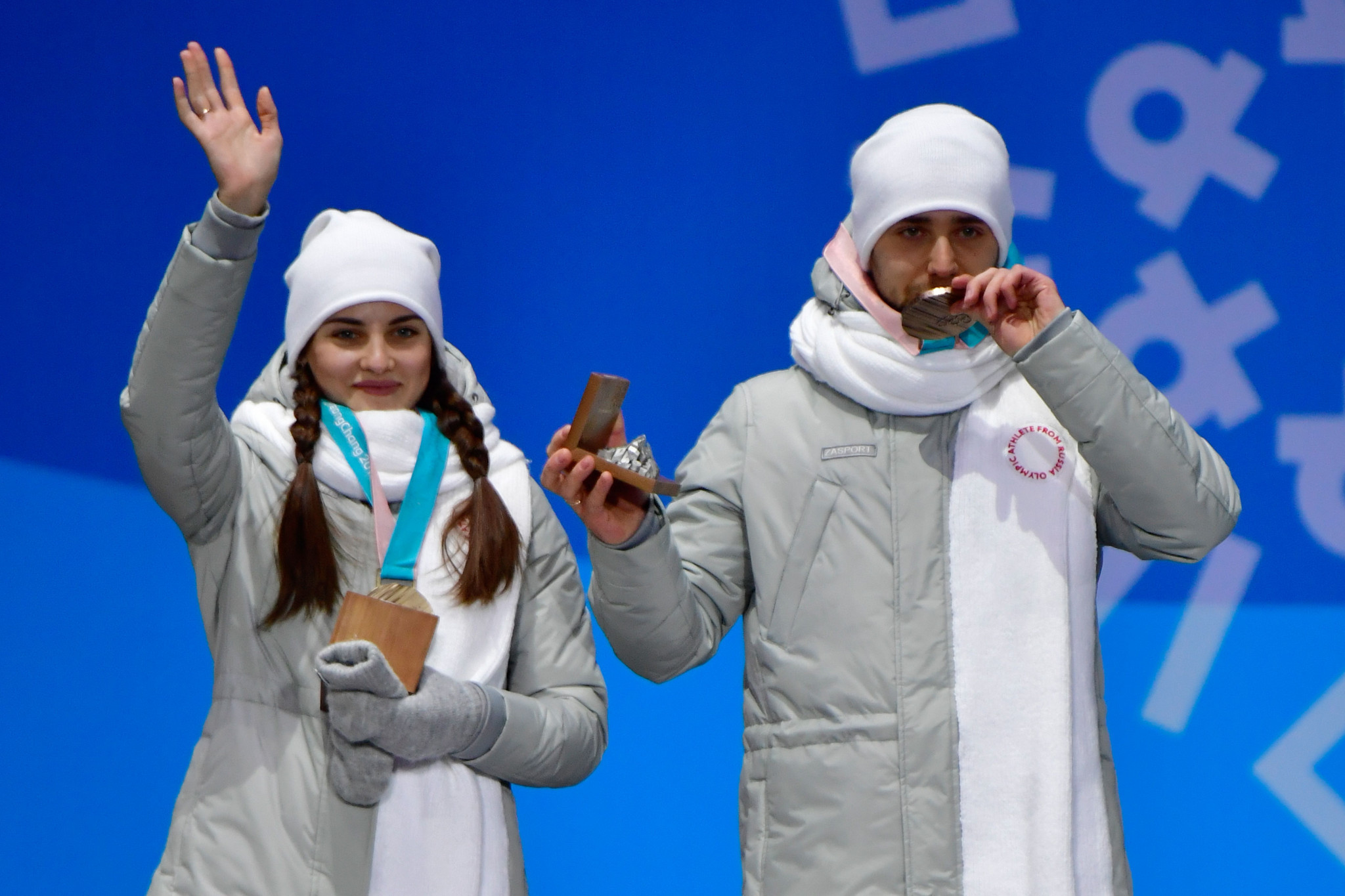Aleksandr Krushelnitckii, right, and Anastasia Bryzgalova were later stripped of the bronze medals secured at Pyeongchang 2018 ©Getty Images