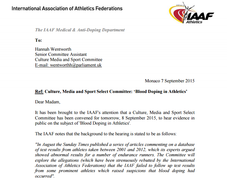The opening paragraphs of the letter sent by the IAAF to the Commons Culture, Media and Sport Select Committee warning them about the dangers of identifying individual athletes