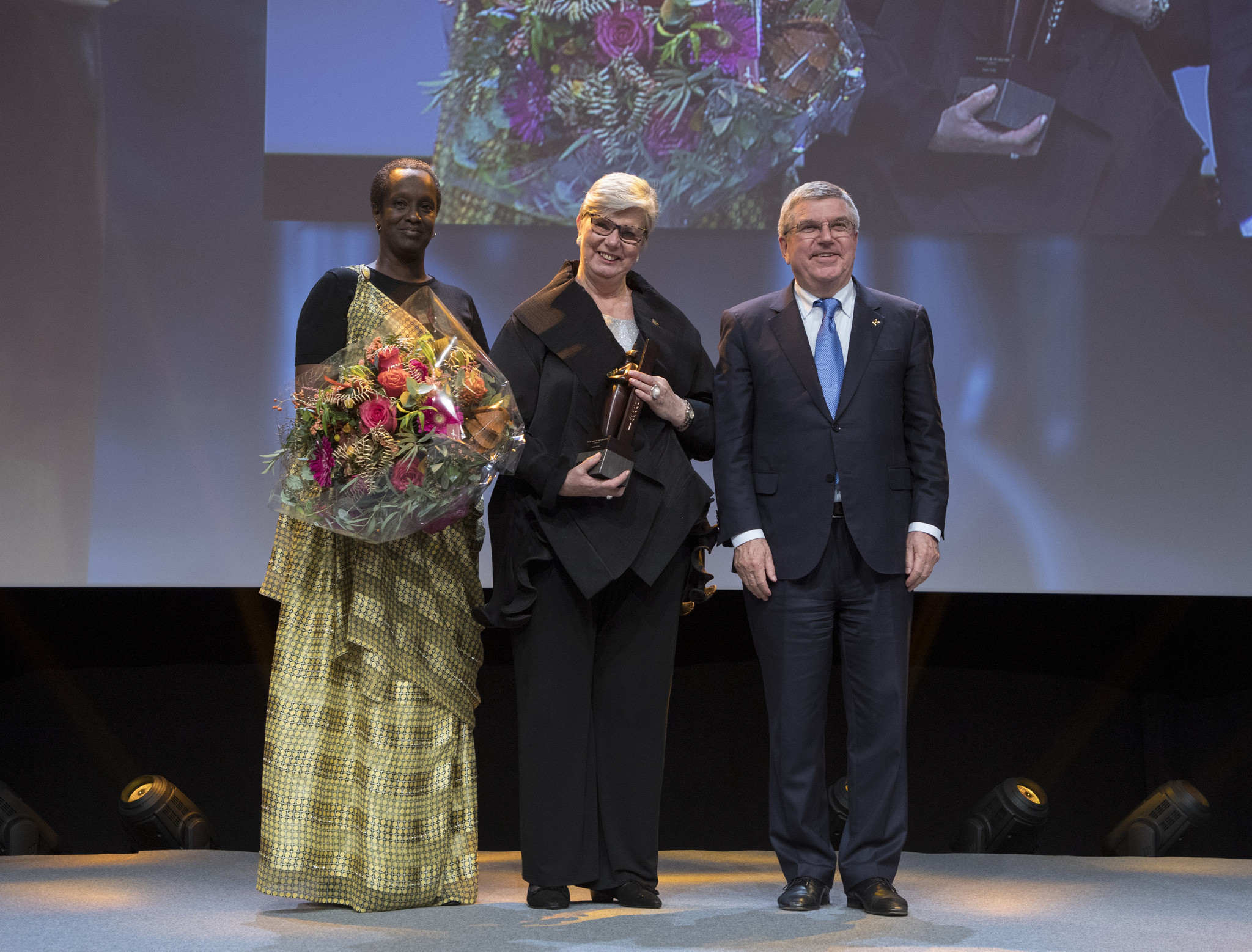 Finland's Birgitta Kervinen, centre, winner of the 2017 Women and Sport World Trophy, encouraged the game-changers to continue demanding for action ©IOC