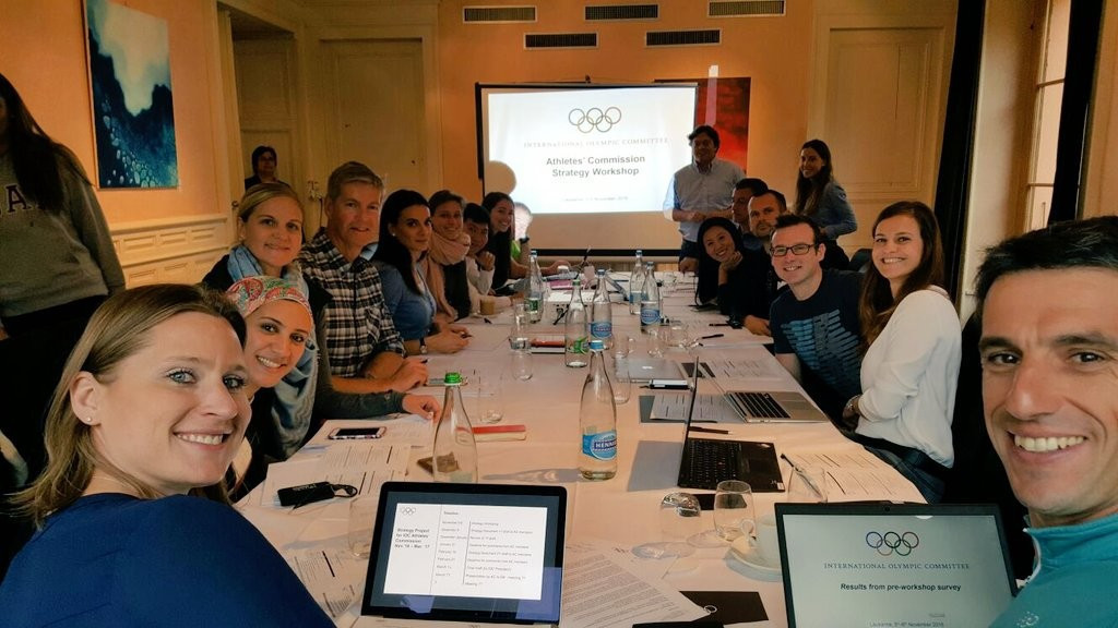 The IOC Athletes' Commission, pictured meeting last year under former chair Angela Ruggiero, from left, are often criticised for being an IOC mouthpiece ©Athletes' Hub/Twitter