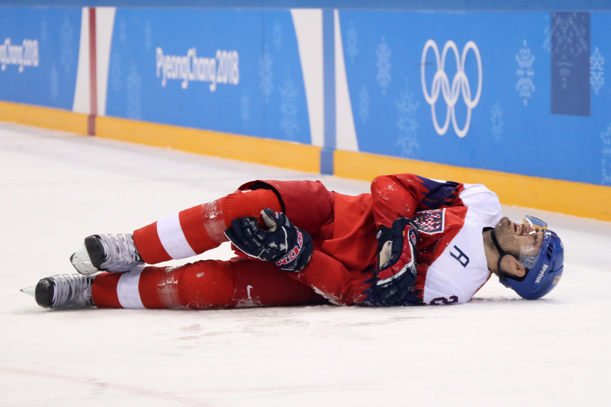 Czech Republic ice hockey player Jan Kolar suffers with an injury during Pyeongchang 2018 ©Getty Images