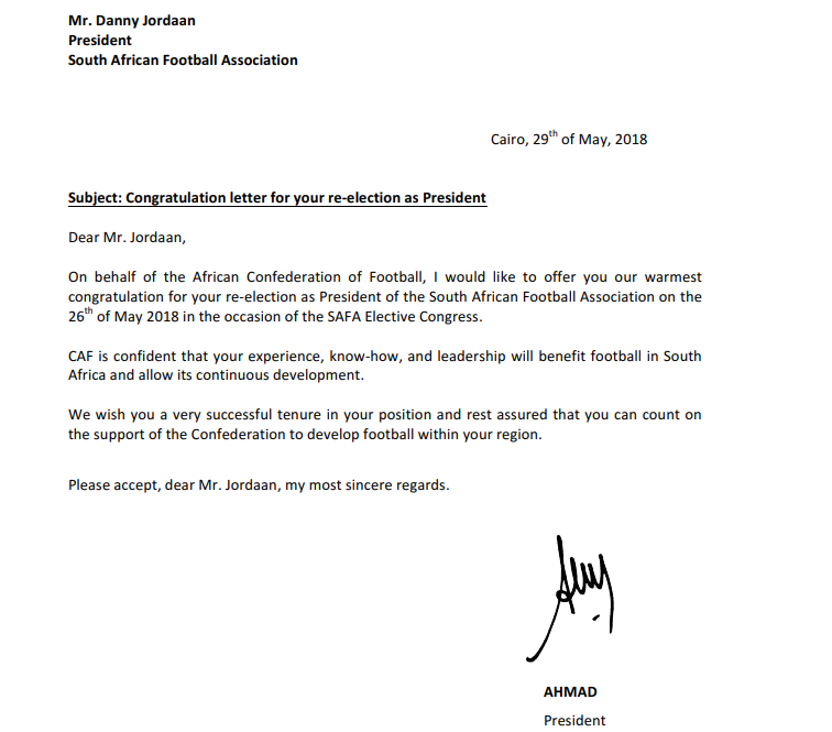 SAFA published a letter from CAF President Ahmad which congratulated Danny Jordaan on his re-election ©SAFA