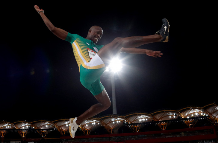 South Africa's star man Luvo Manyonga, pictured en-route to the Commonwealth long jump title last month, may upstage the sprinters as he faces a hugely talented field in Rome ©Getty Images  