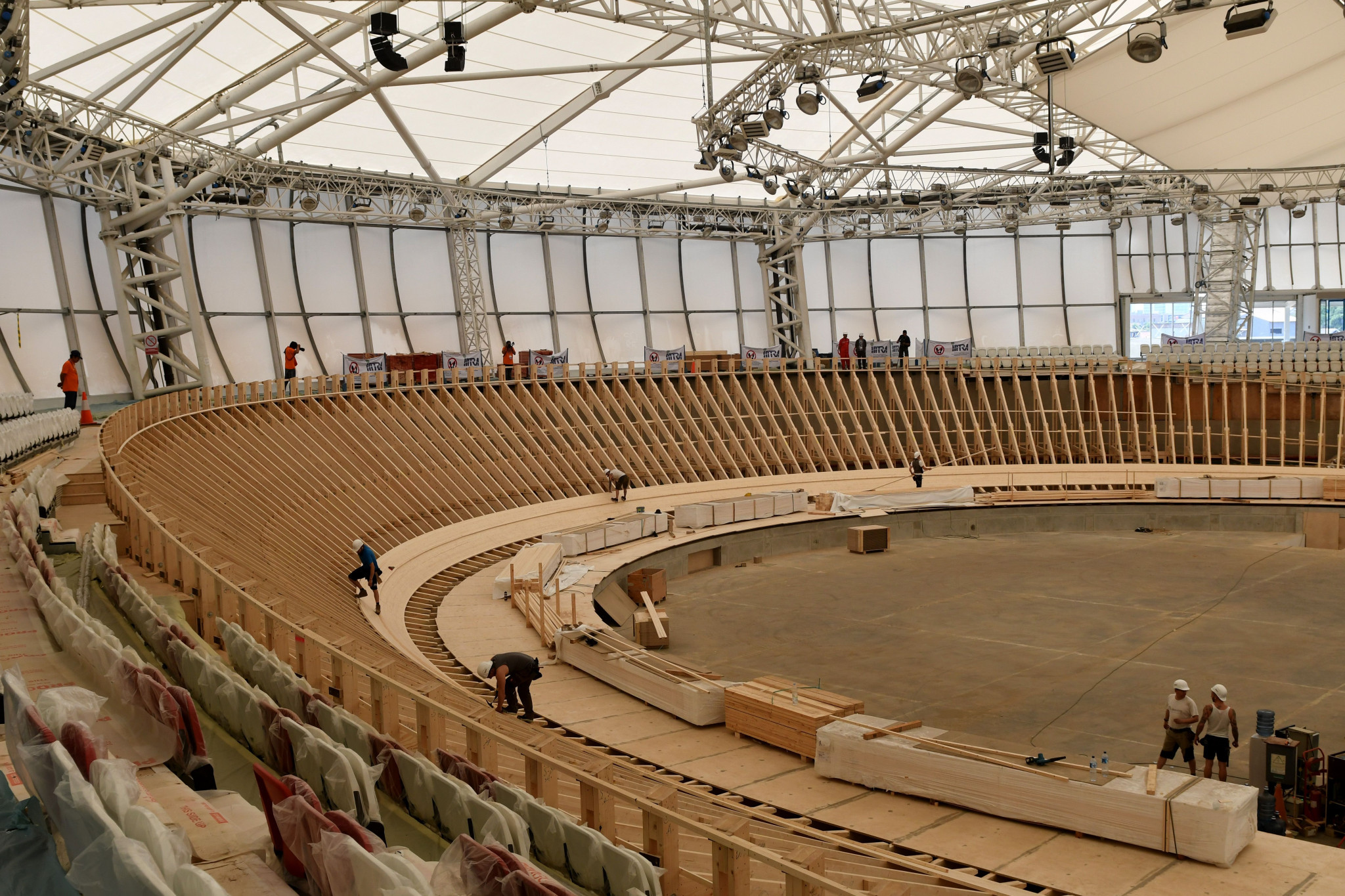 Workers build the track at the new velodrome in April ©Getty Images