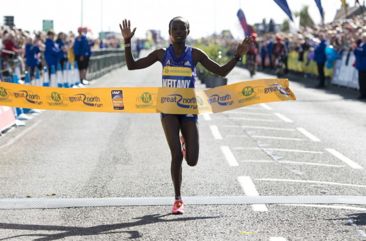 Kenya's Mary Keitany finishes almost three-and-a-half minutes clear of the field in retaining her Great North Run title today ©Getty Images