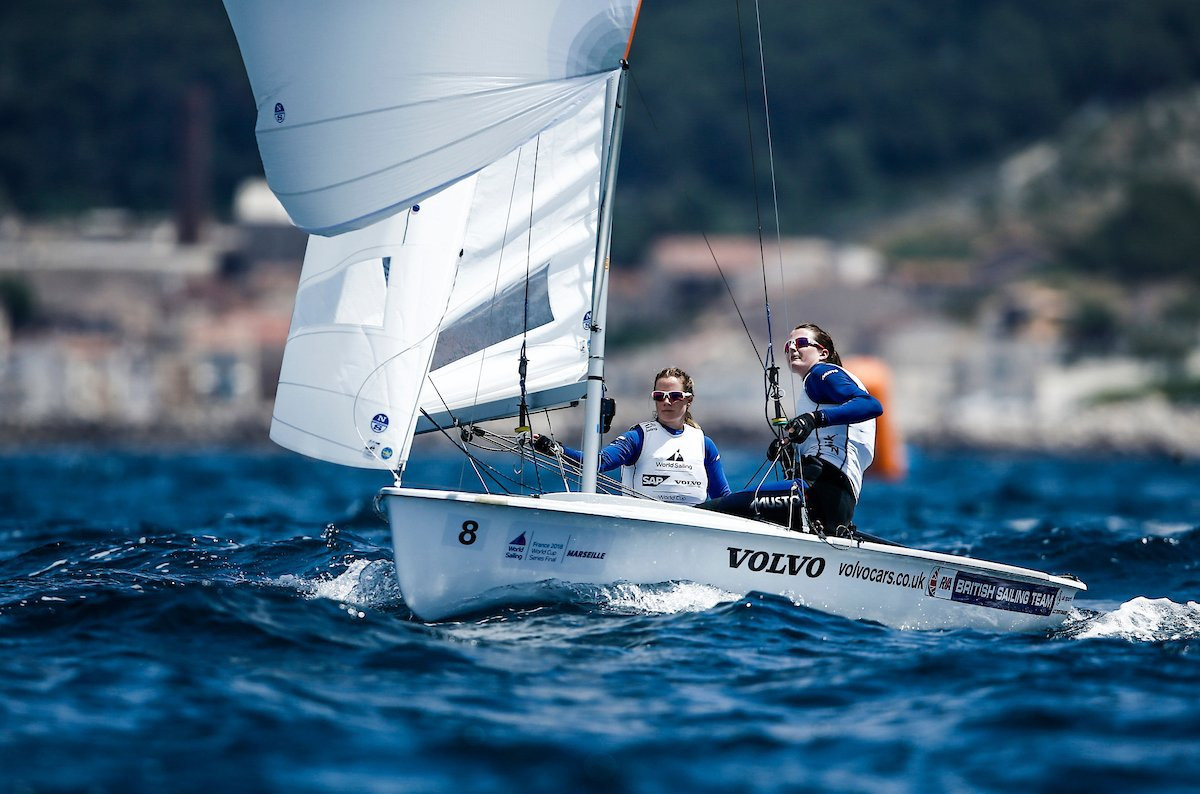 Defending Sailing World Cup Final champions Hannah Mills and Eilidh McIntyre won the second women's 470 race of the day to take an early lead ©World Sailing