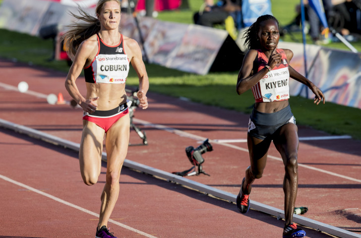 US world 3,000m steeplechase champion Emma Coburn pushed her predecessor, Kenya's Hyvin Kiyeng, to the line in the Oslo Diamond League meeting ©Getty Images  