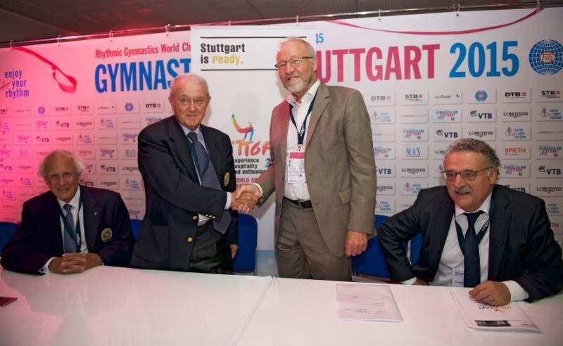 FIG President Bruno Grandi signed the contract with DTB President Rainer Brechtken at the conclusion of the Rhythmic Gymnastics World Championships ©FIG