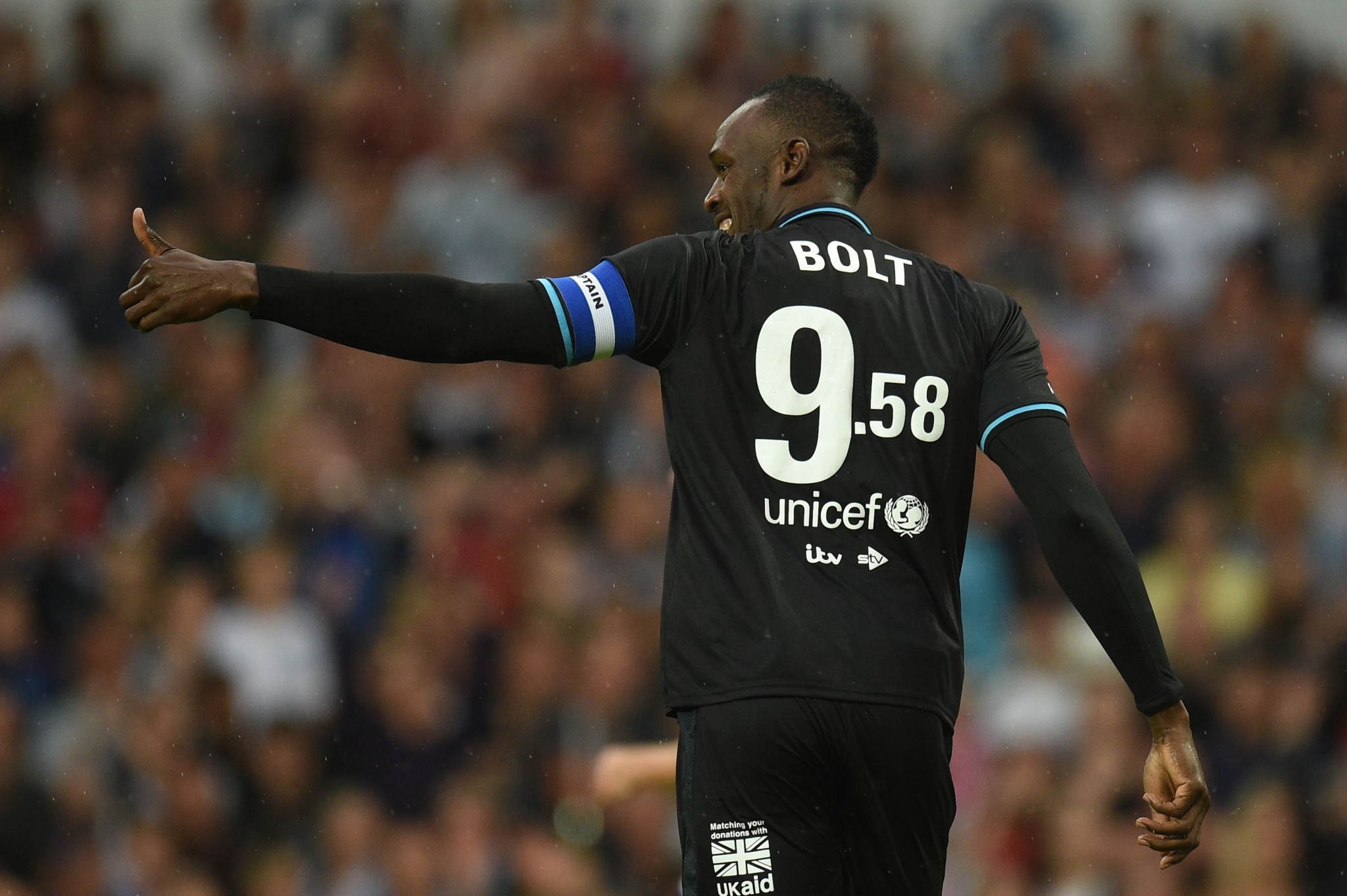 Usain Bolt in action during the Soccer Aid charity match in Manchester ©Getty Images