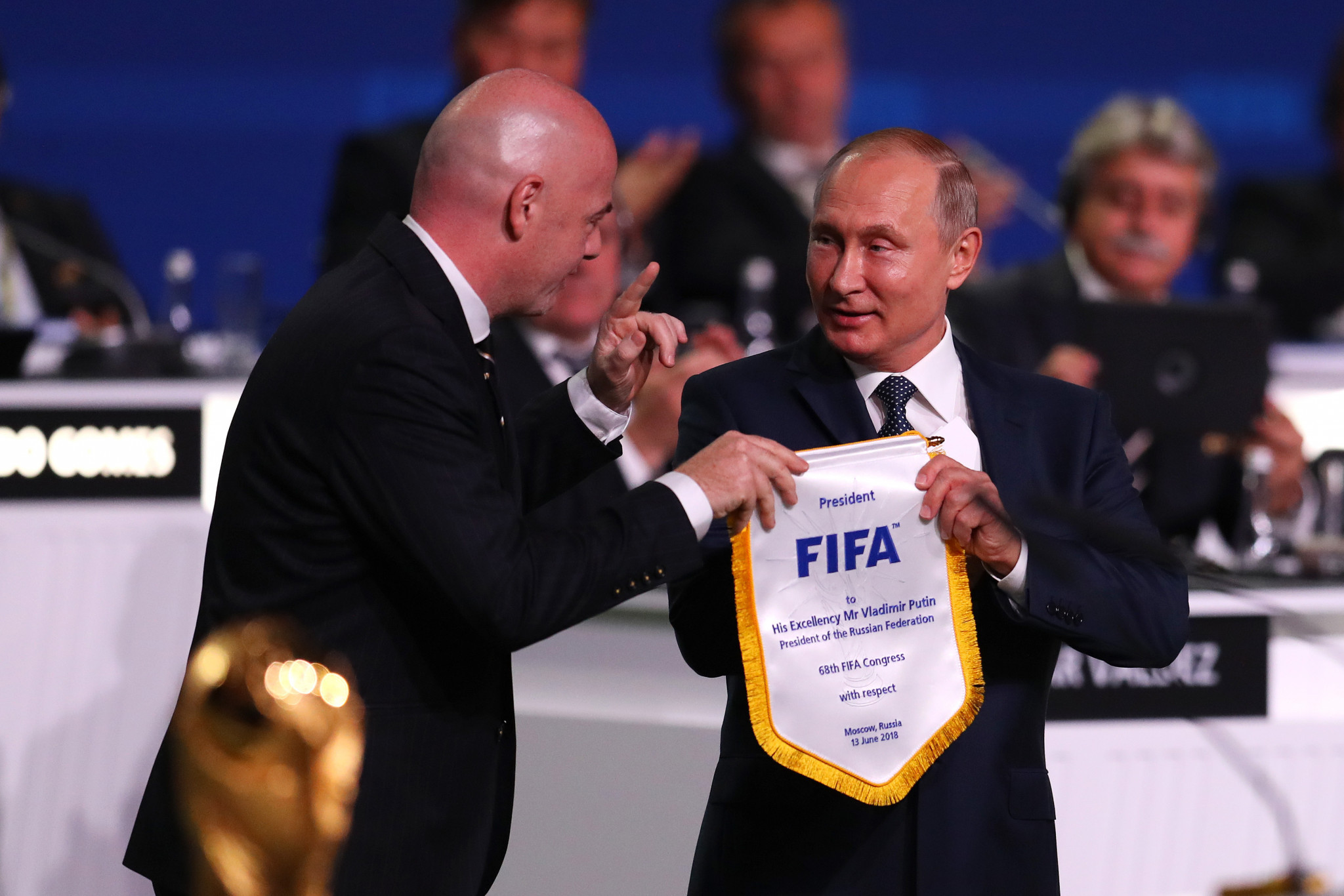 Gianni Infantino, left, praised Vladimir Putin during the Congress today ©Getty Images