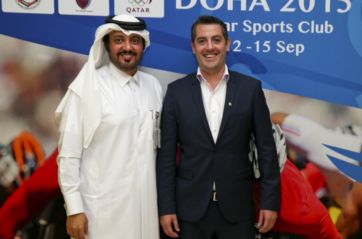 Ryan Montgomery (right) met with Doha 2015 chief executive Ameer al-Mulla (left) at the Gulf Cooperation Council Para-athletics Championships in Doha last month