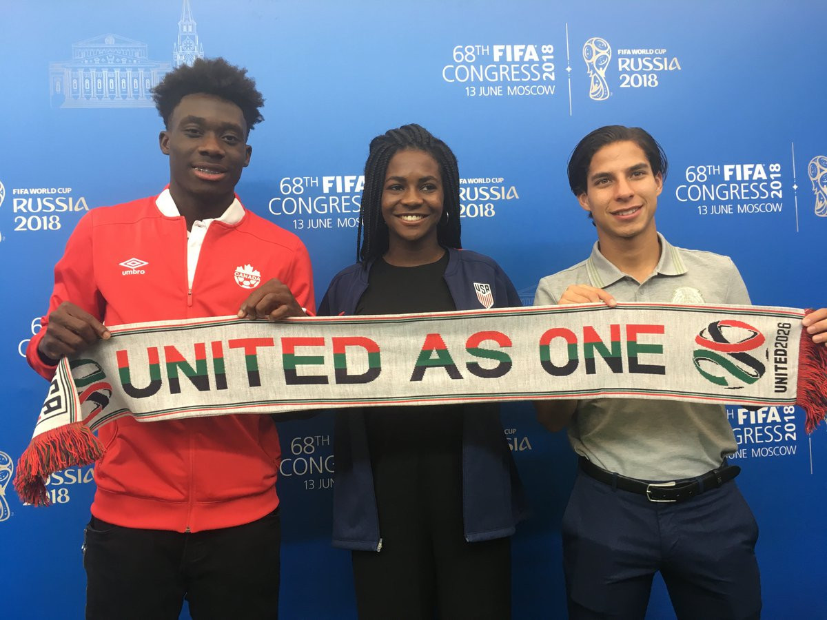 Representatives from Canada, the US and Mexico gather together to celebrate the United bid's success ©Twitter