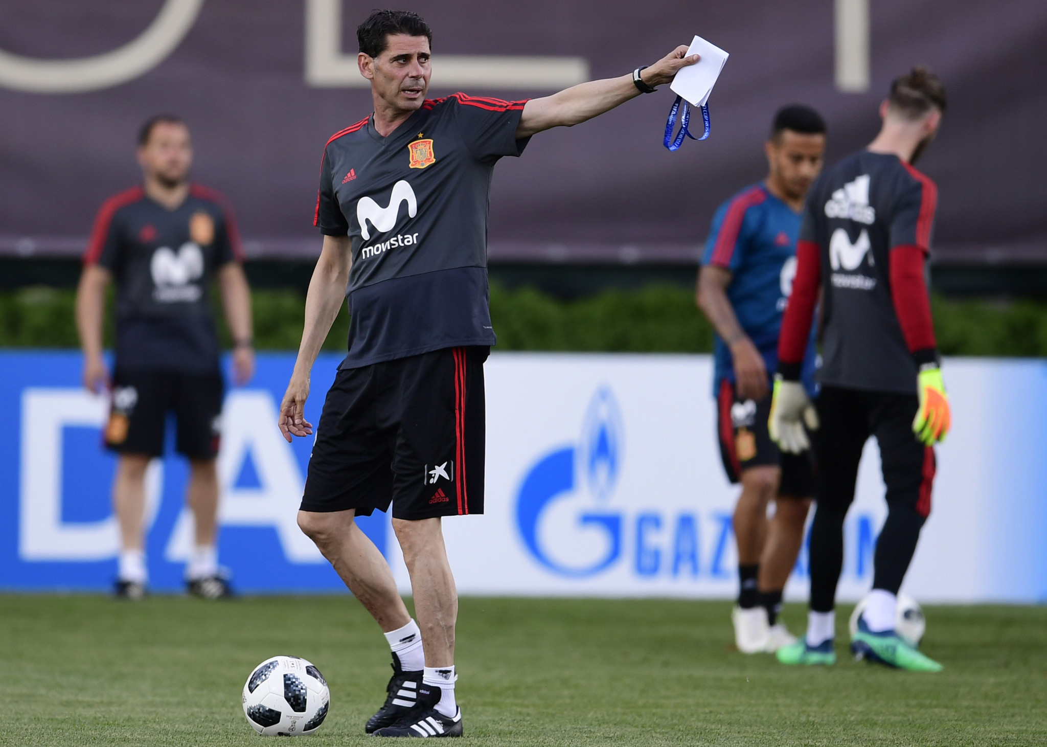 Stand-in coach Fernando Hierro directs training as Spain's players prepare for their opening World Cup match against Portugal in Sochi tomorrow ©Getty Images  