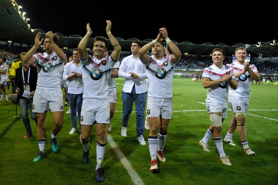 Hosts France celebrate booking their place in this year's final. They'll face England on Sunday ©World Rugby
