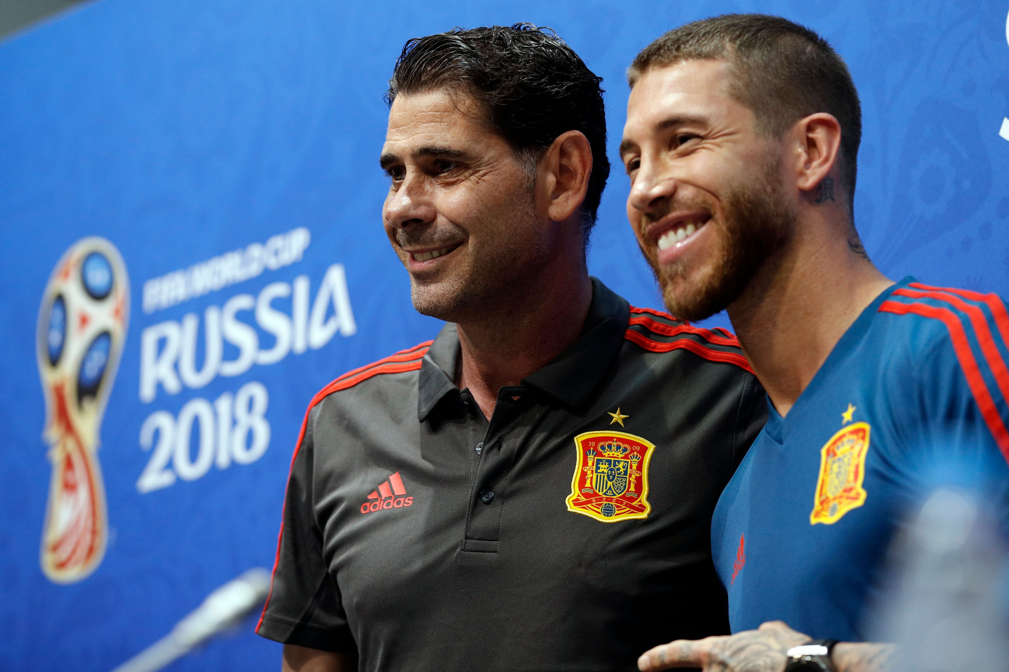 New Spain coach Fernando Hierro poses alongside Sergio Ramos a day after taking the job ©Getty Images