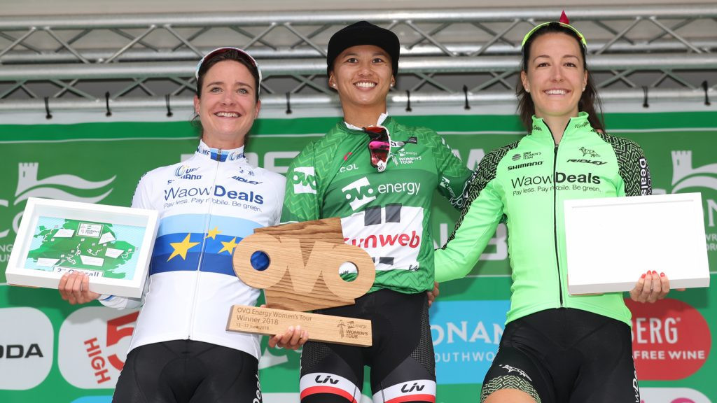 Coryn Rivera stands atop the podium after claiming overall victory in the OVO Energy Women's Tour ©Women's Tour