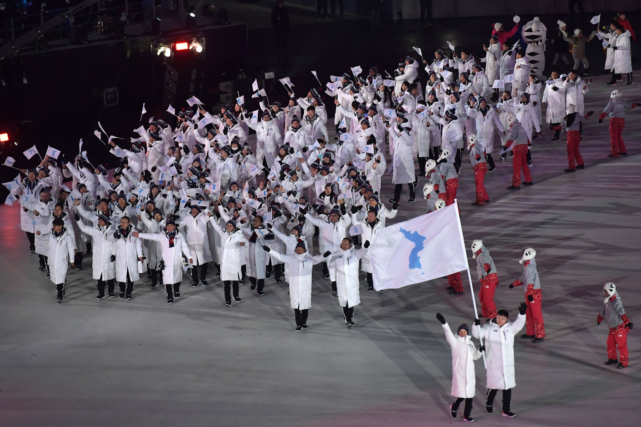 The two Korean teams marching into the Opening Ceremony together under a unified flag was perhaps the most memorable moment of the Games ©Getty Images