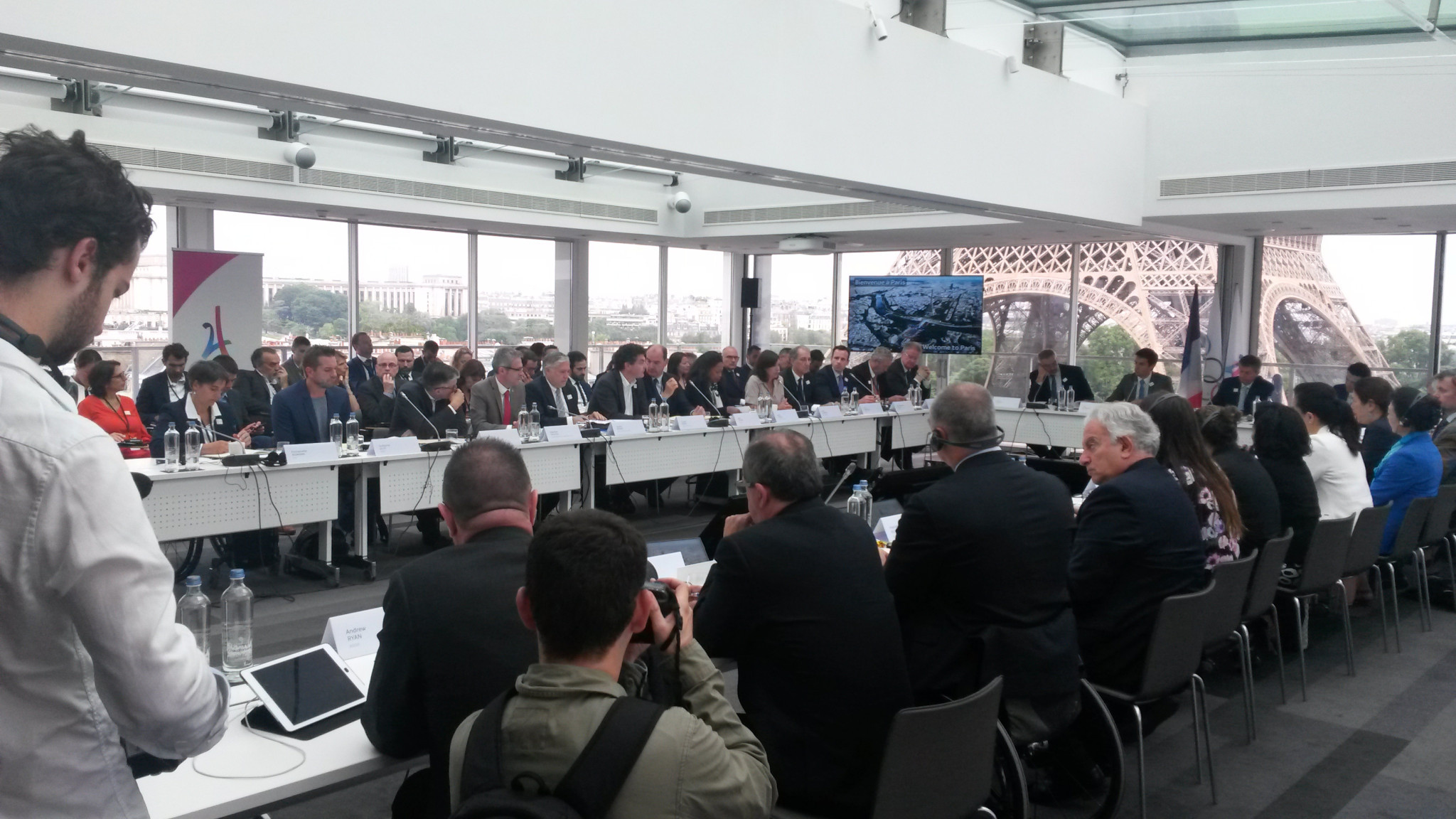IOC Coordination Commission members and Paris 2024 representatives hold a morning meeting in the panoramic conference room at the top of the Hotel Pullman Paris Tour Eiffel ©ITG