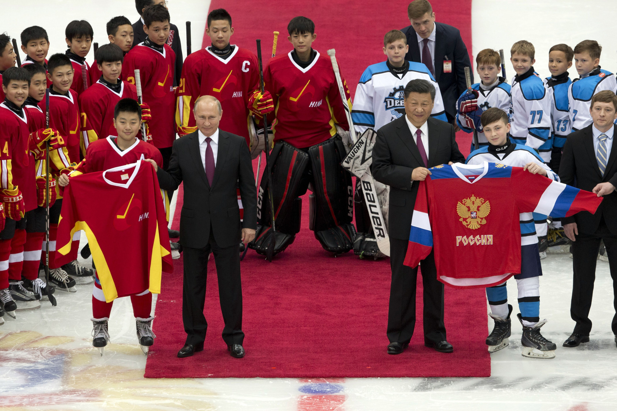 Vladimir Putin and Xi Jinping were among the 7,000-plus spectators that attended a recent youth team ice hockey match between China and Russia ©Getty Images
