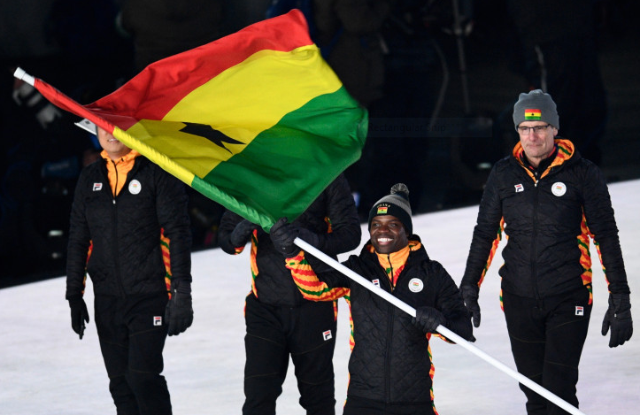 Ghana's first Winter Olympian, Akwasi Frimpong, carries the national flag at the Opening Ceremony of Pyeongchang 2018 before his skeleton competition ©Getty Images