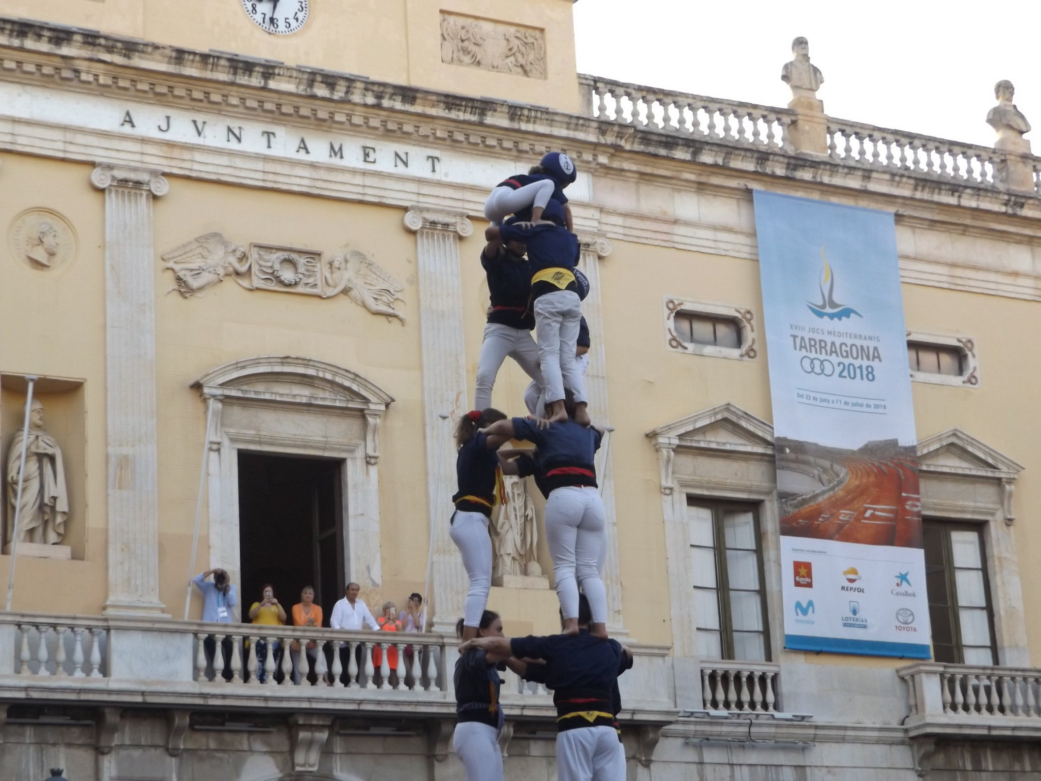 A human tower forms at the Mediterranean Games ©ITG