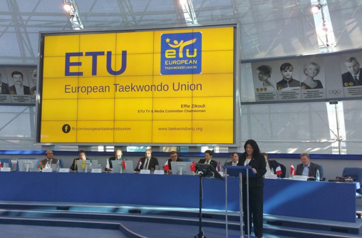 Effie Zikouli, chairwoman of the ETU TV and Media Committee, during her presentation to AIPS delegates