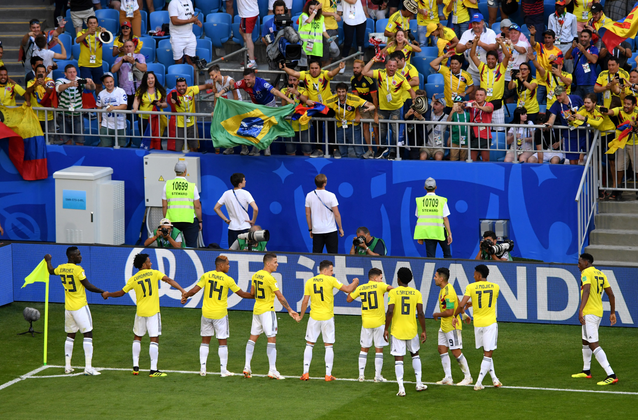 Colombia celebrate what proved to be the winning goal for Colombia against Senegal ©Getty Images