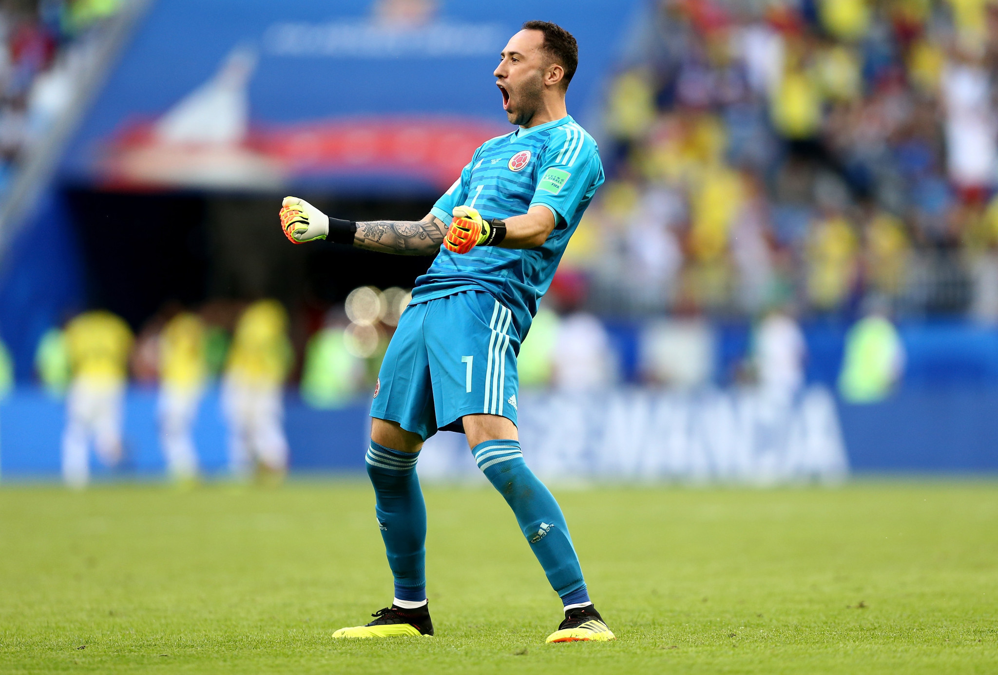 Colombia goalkeeper David Ospina celebrates his team taking the lead ©Getty Images