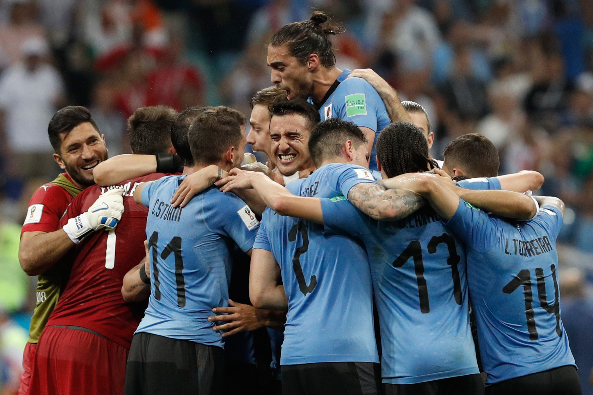 Uruguay players celebrate after beating Portugal ©Getty Images