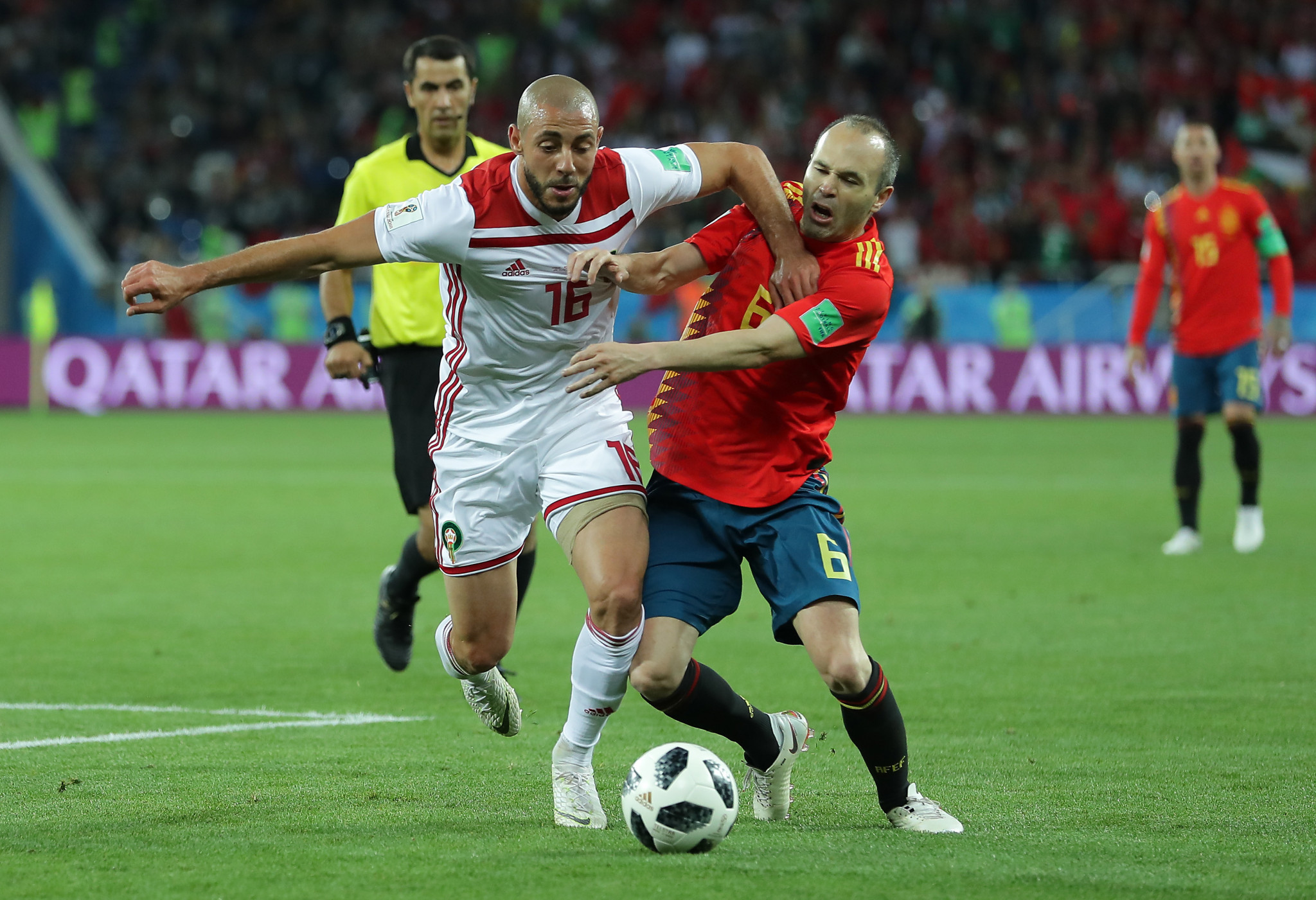 Moroccan player Nordin Amrabat was warned after he was caught mouthing an obscenity about VAR ©Getty Images