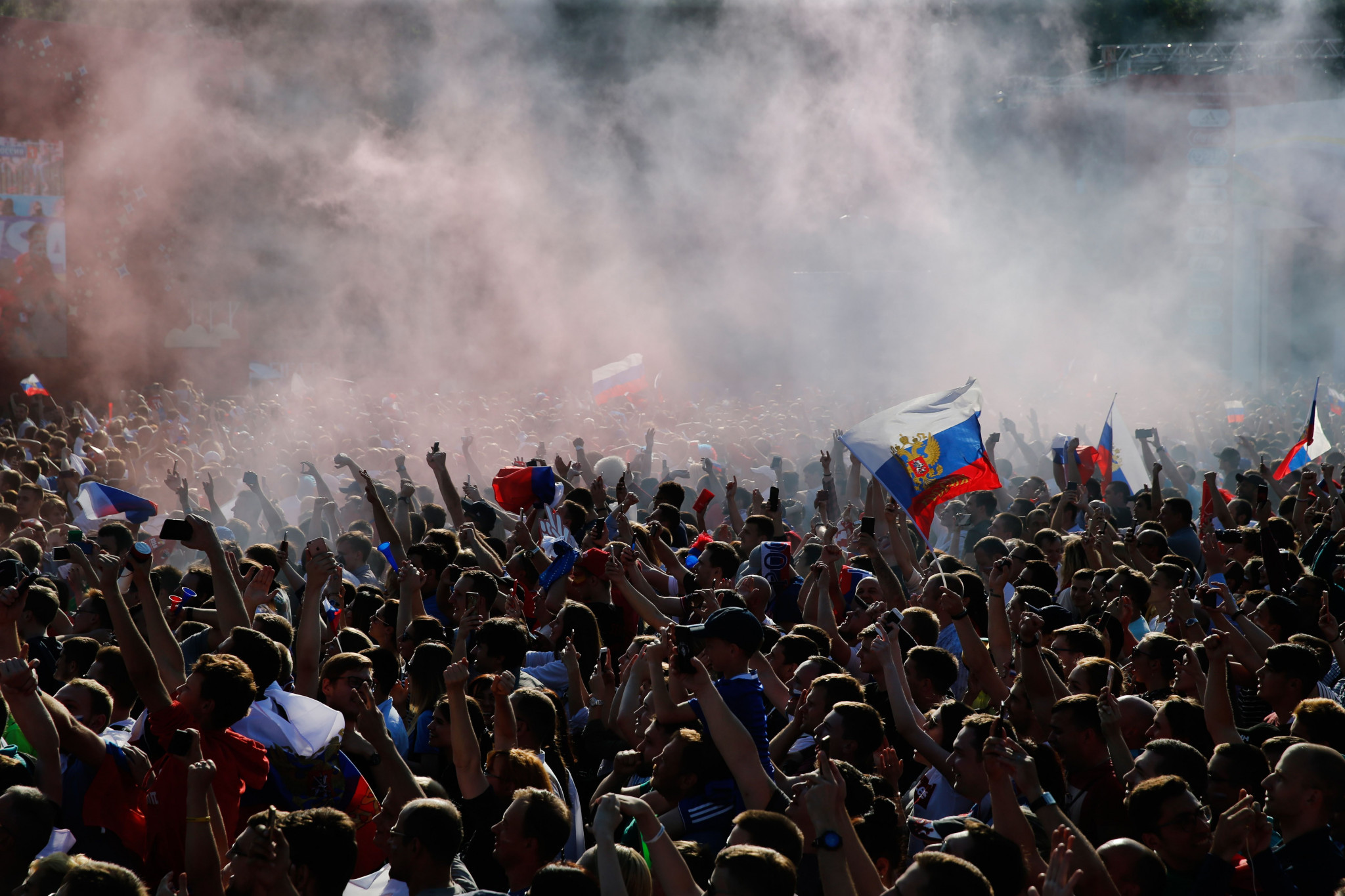 Russia fans celebrate Artem Dzyuba's goal at the Fan Site in Moscow ©Getty Images