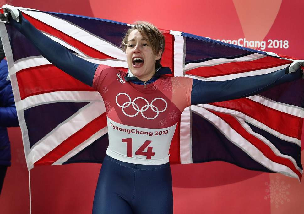 Lizzy Yarnold celebrates retaining her Olympic skeleton title at Pyeongchang 2018 - one of three medals won in the sport by Team GB leading to a £700,000 increase in funding for Beijing 2022 ©Getty Images