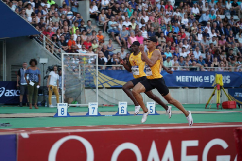 MIchael Norman and Rai Benjamin, wearing their USC vests, come home first and second in the IAAF Paris Diamond League 200m in their debut appearance in the competition. Better get used to this sight...©Twitter