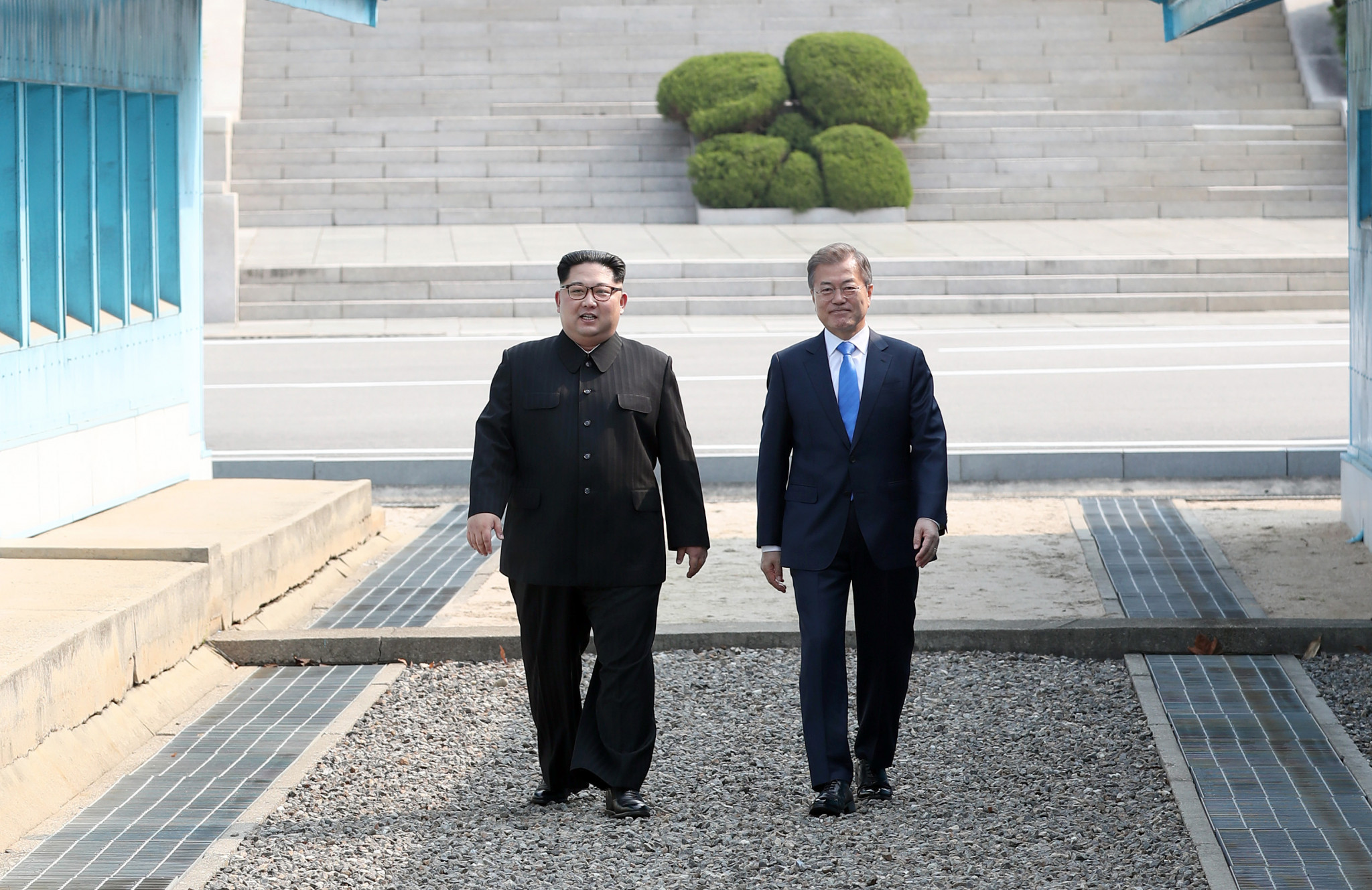 North Korean leader Kim Jong-un, left, has met with his southern counterpart Moon Jae-in on South Korean soil this year ©Getty Images